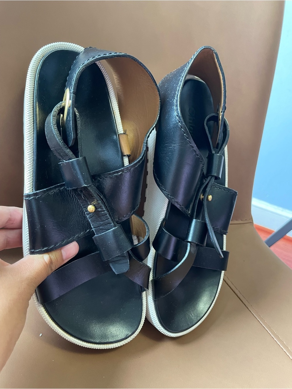 Chloe Black Leather Slingback Platform Sandals with Cream Trim